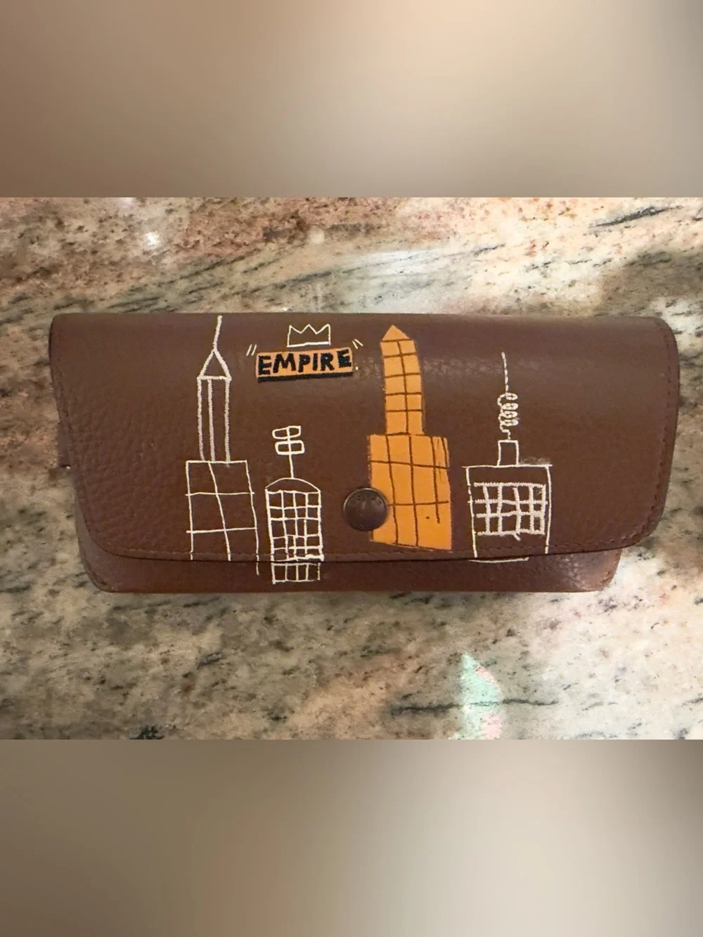 Coach x Basquiat Brown Leather Key Case with City Graphic